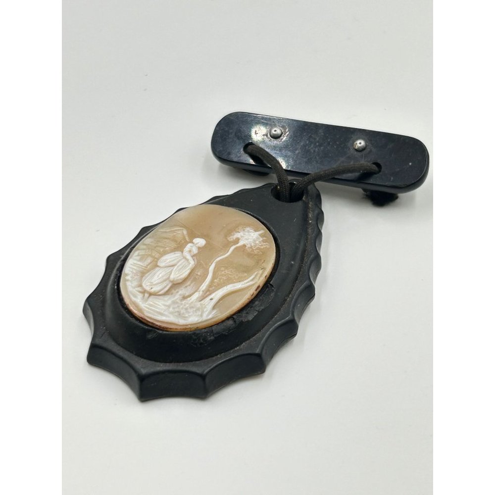 Antique Mourning Brooch Pin Dangle Genuine Carved Shell Cameo Black Drop Shaped - Picture 5 of 9